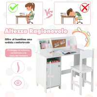Set di Scrivania e Sedia per Bambini, Scrivania per Bambini con Cassetto, Armadietti e Scaffale, Bianco, 90 x 45 x 86 cm