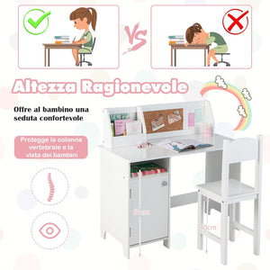 Set di Scrivania e Sedia per Bambini, Scrivania per Bambini con Cassetto, Armadietti e Scaffale, Bianco, 90 x 45 x 86 cm