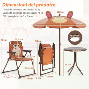 Set Tavolo da Giardino Bambini con 2 Sedie Pieghevoli, Tavolino da Esterno con Ombrellone in Poliestere Regolabile in Altezza, Set Mobili da Giardino per Bambini 3-6 Anni (Scimmia, Marrone)