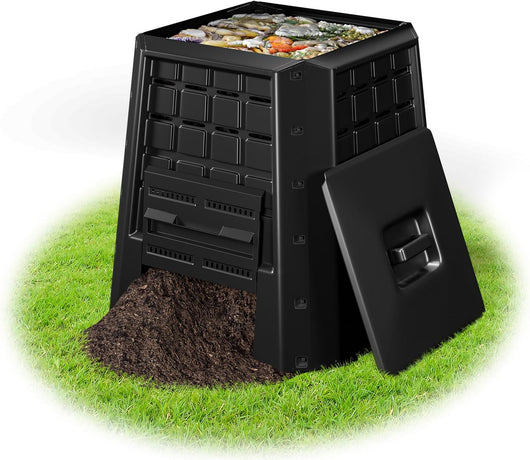 Compostiera da Giardino da 380L, Bidone per Compostaggio da Esterno con Coperchio e Prese d'Aria Regolabili, Barile per Compost per Creare Terreno Fertile Velocemente