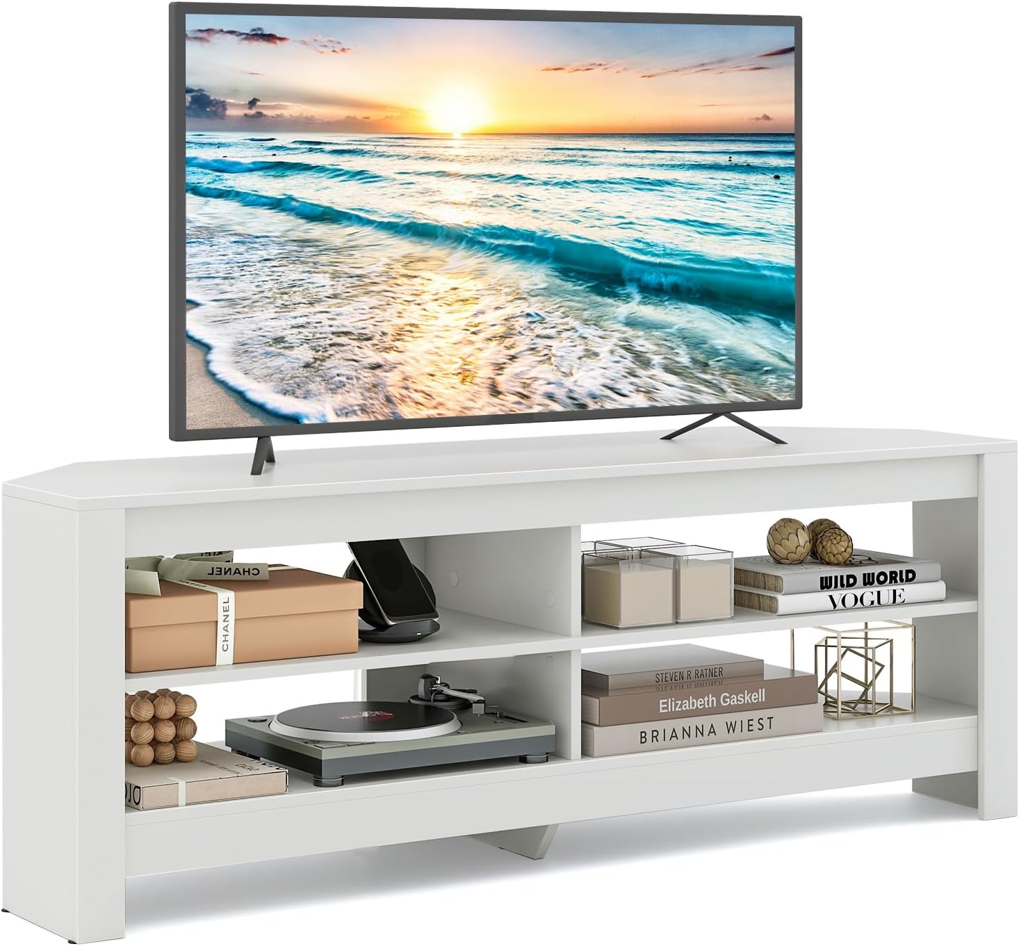 Mobile TV con Presa Elettrica per TV Fino a 65”, Mobile Porta TV Angolare, Mobiletto per Soggiorno a 3 Ripiani con 4 Scaffali Aperti, 140 x 40 x 49,5 cm (Bianco)