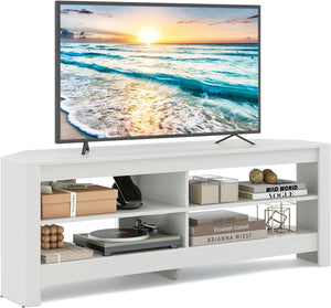 Mobile TV con Presa Elettrica per TV Fino a 65”, Mobile Porta TV Angolare, Mobiletto per Soggiorno a 3 Ripiani con 4 Scaffali Aperti, 140 x 40 x 49,5 cm (Bianco)