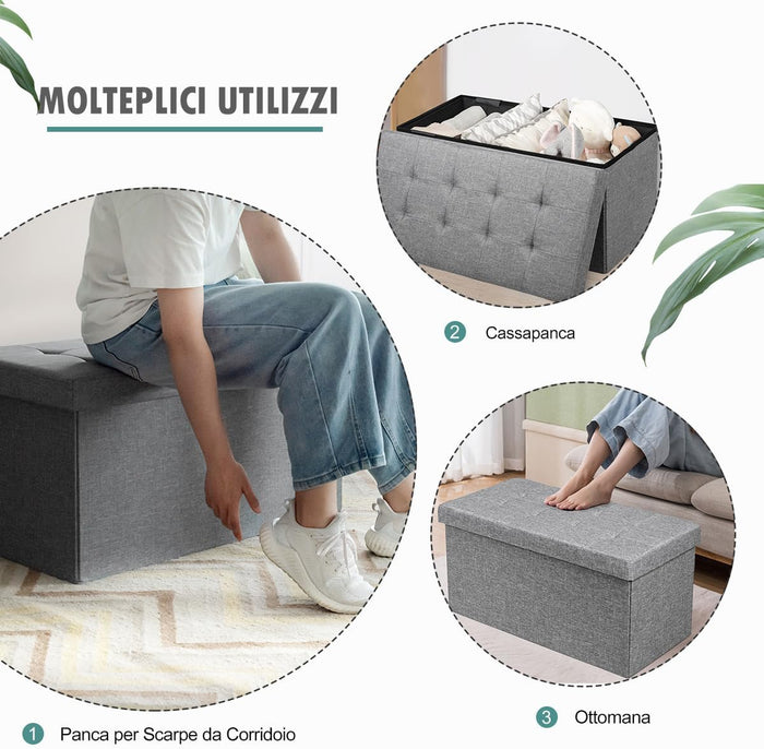 Ottomana Salvaspazio Pieghevole da 80 cm, Cassapanca per Giocattoli con Contenitore Rimovibile, Poggiapiedi con Sedile Imbottito per Soggiorno, Camera da Letto, Portata 160 kg (Grigio)