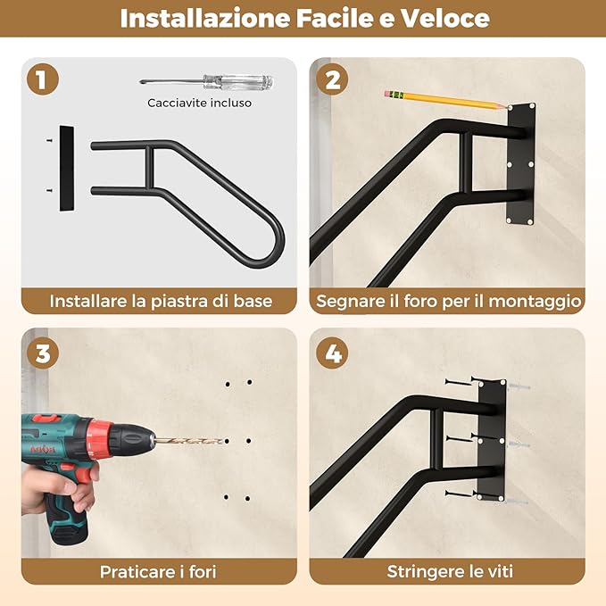 Corrimano per Scala, Ringhiera a Forma di U per 1-3 Gradini per Portico, Corrimano da Parete in Metallo Pesante per Anziani, Bambini e Feriti, 71 x 46 x 8 cm