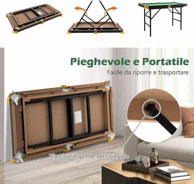 Tavolo da Biliardo Pieghevole, Mini Tavolo da Gioco Biliardo con Set di Accessori Stecche Palline Gessetti e Spazzola, Piedi Regolabili, per Sala Giochi bar Palestra, 122x64x78 cm