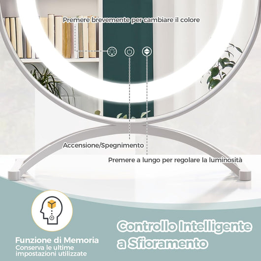 Specchio da Tavolo 30 CM, Specchio per Trucco con Luci LED a 3 Colori Controllo Tattile Intelligente, Rotazione a 360°, Specchio Rotondo con Cornice in Metallo, Bianco