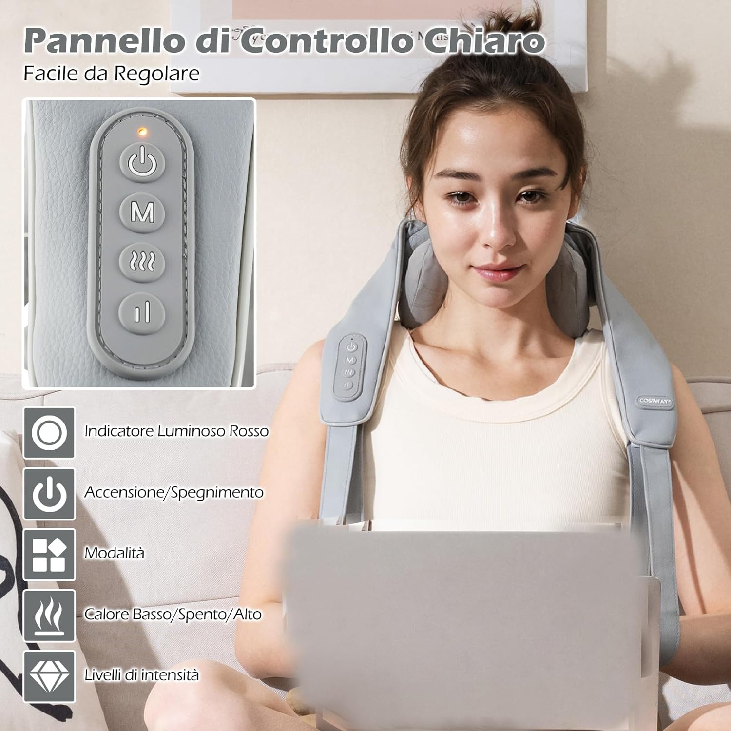 Massaggiatore Cervicale, Massaggiatore Shiatsu per Collo e Spalle Senza Fili con Impasto Profondo 4D dei Tessuti con Riscaldamento, 2 Modalità e 2 Livelli di Intensità (Grigio)