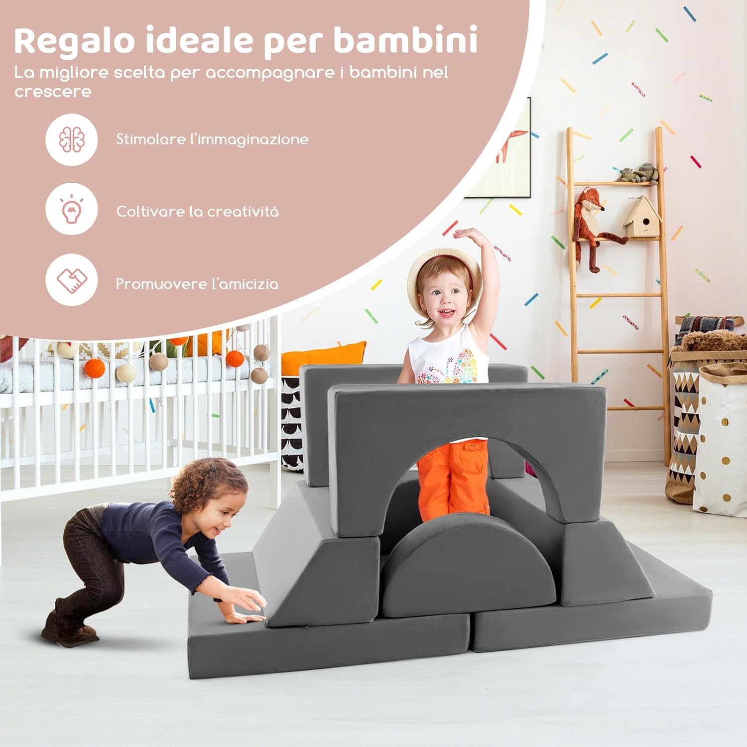 Divano Modulare per Bambini 8 Pezzi, Divanetto per Bambini con Copertura Staccabile per Sala Giochi e Camera da Letto, Divano Creativo per Bambini per Giocare, Creare e Dormire (Grigio)