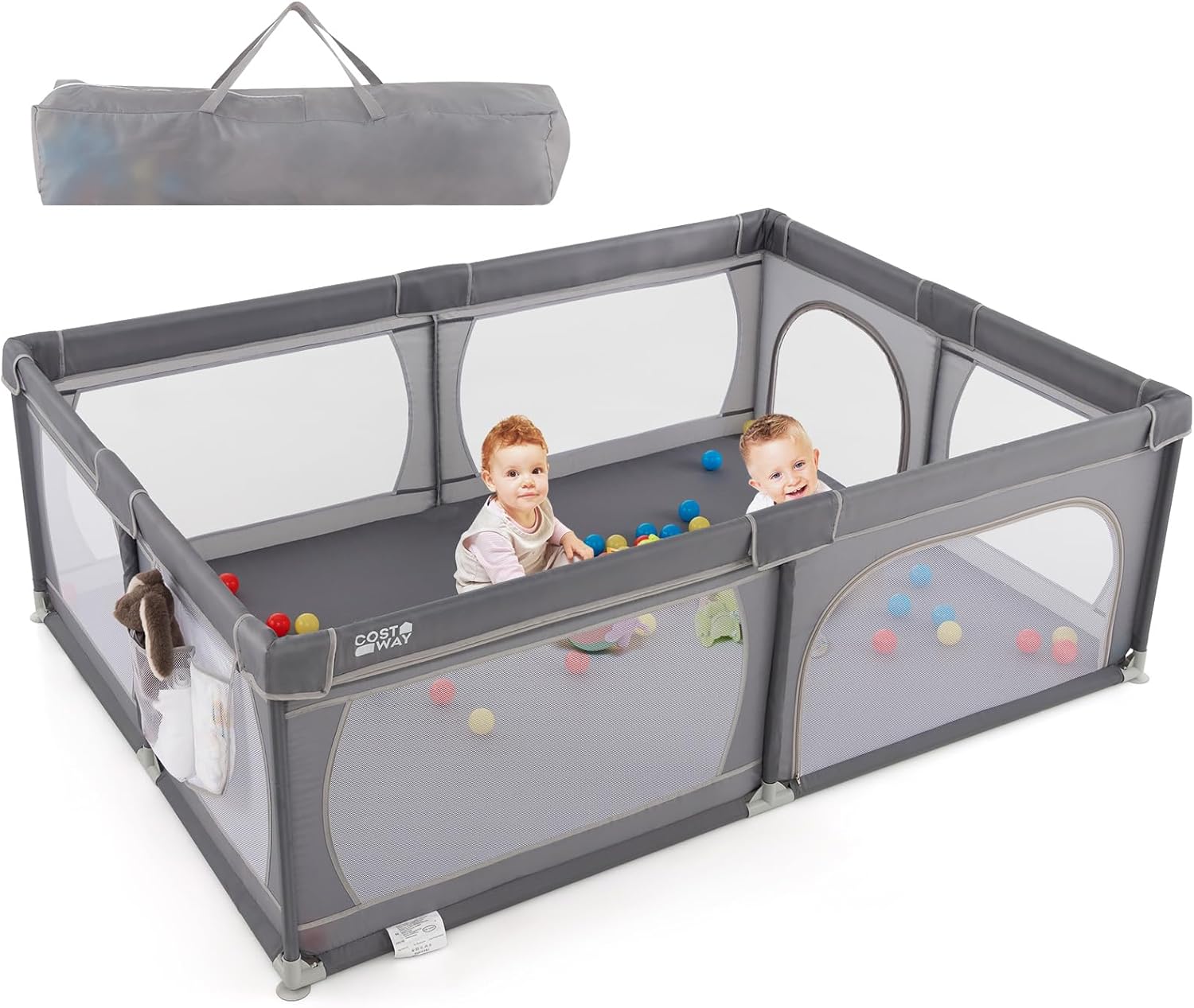 Recinto per Bambini, Box per Bambini con Rete Traspirante, Centro Attività per Bambini con 50 Palline, Box Giochi per Bambini 0-3 Anni (Grigio Scuro, 206 x 147 cm)