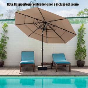 Ombrellone da Giardino 293 cm a 3 Livelli, Ombrellone da Esterno con Doppia Ventilazione, Inclinazione Regolabile, con Manovella 8 Stecche, Ombrellone da Spiaggia Giardino Piscina (Caffè)