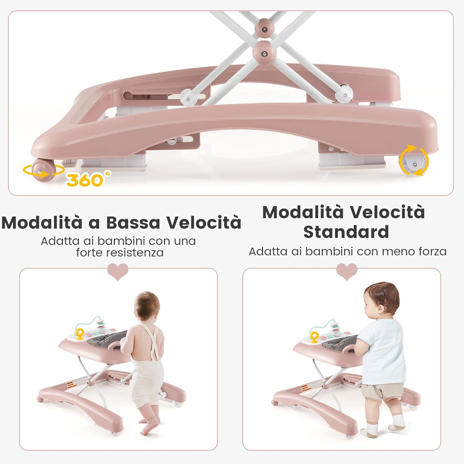 3 in 1 Girello per Bambini, Girello Pieghevole per Bambini, con 3 Altezze Regolabili, Sedile Imbottito e Piatto Giocattolo Rimovibile, Girello a Spinta con Ruote, per Bambini 6+ Mesi (Rosa)