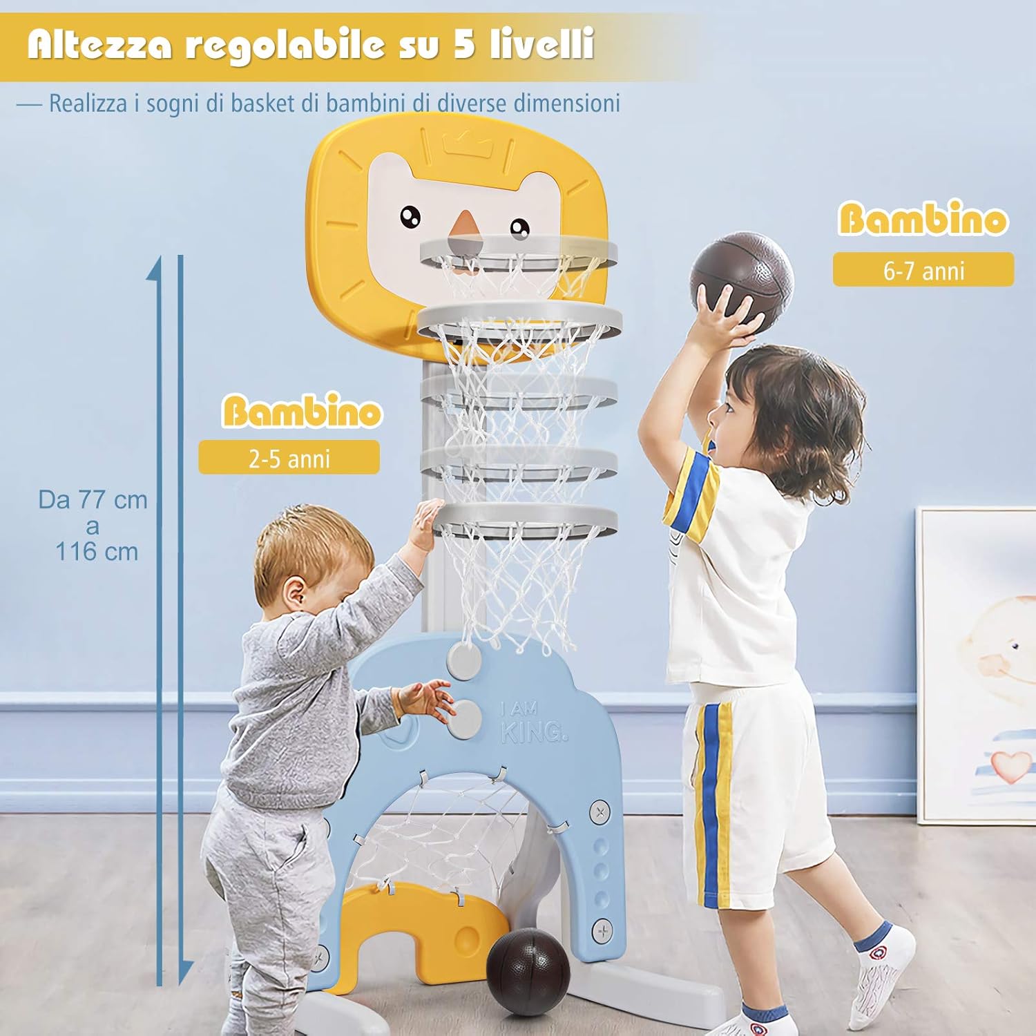 Basket per Bambini Centro attivita Multifunzione - Palla Canestro, Calcio e Golf, Mazza da Golf e Palle incluese, per Bambini, Altezza Regolabile (Leone Giallo)