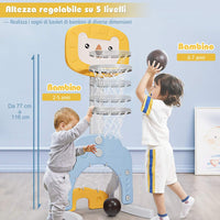 Basket per Bambini Centro attivita Multifunzione - Palla Canestro, Calcio e Golf, Mazza da Golf e Palle incluese, per Bambini, Altezza Regolabile (Leone Giallo)