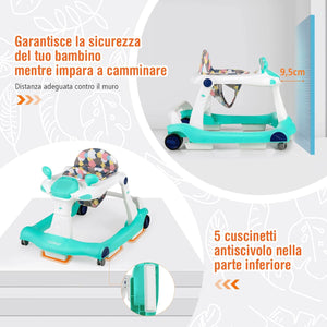 Girello per bambini 2 in 1, Girello con Altezza e Velocità Regolabili, Carillon con Luci e Cuscino Comodo, Primi Passi per Bambini 6-18 Mesi, Capacità di carico: 15 kg (Verde)