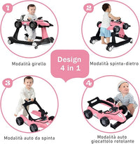 Girello per Bambini 4 in 1, Girello Pieghevole con Altezza e Velocità Regolabili, Carillon con Luci, Volante, Primi Passi per Bambini 6-18 Mesi, Portata 15 kg (Rosa)