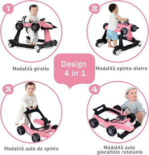 Girello per Bambini 4 in 1, Girello Pieghevole con Altezza e Velocità Regolabili, Carillon con Luci, Volante, Primi Passi per Bambini 6-18 Mesi, Portata 15 kg (Rosa)