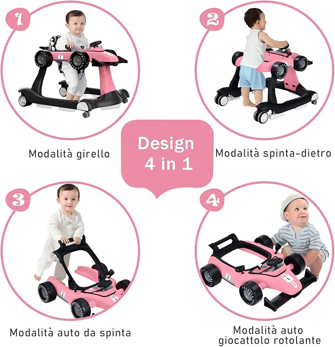 Girello per Bambini 4 in 1, Girello Pieghevole con Altezza e Velocità Regolabili, Carillon con Luci, Volante, Primi Passi per Bambini 6-18 Mesi, Portata 15 kg (Rosa)