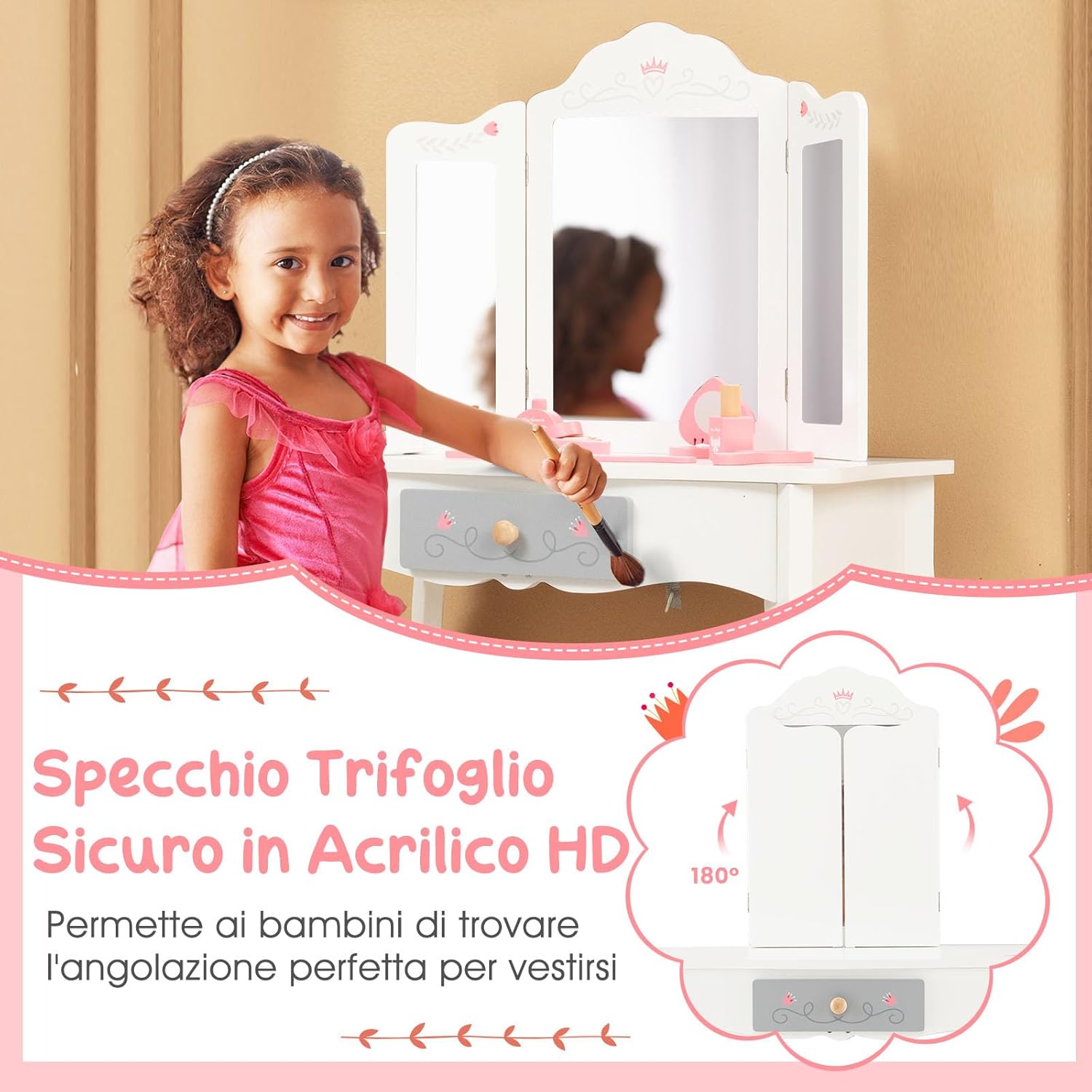 Toeletta Trucco 2 in 1 per Bambina, Specchiera Staccabile per Ragazza in Legno con Sgabello, Cassetto e Giocattoli, Postazione Trucco per 3 Anni, 50 x 34 x 93 cm, Bianco（Modello 2）