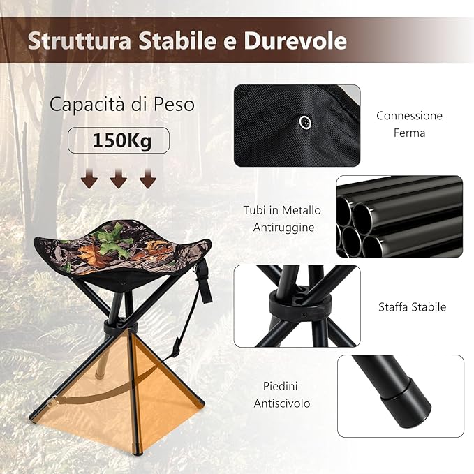 Set di 2 Sgabelli da Caccia Treppiede Pieghevoli, Sgabello da Esterno Pieghevole Leggero con Tracolla, Sgabello Treppiede Portatile per Campeggio, Caccia, Pesca, Viaggi, Carico Massimo 150 kg
