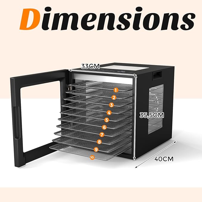 Essiccatore Alimentare 850W Con 10 Vassoi Inox, 10 Programmi, Temperatura da 30 a 75℃, Funzione Timer 48h, Disidratatore per Frutta, Carne, Verdure, Erbe