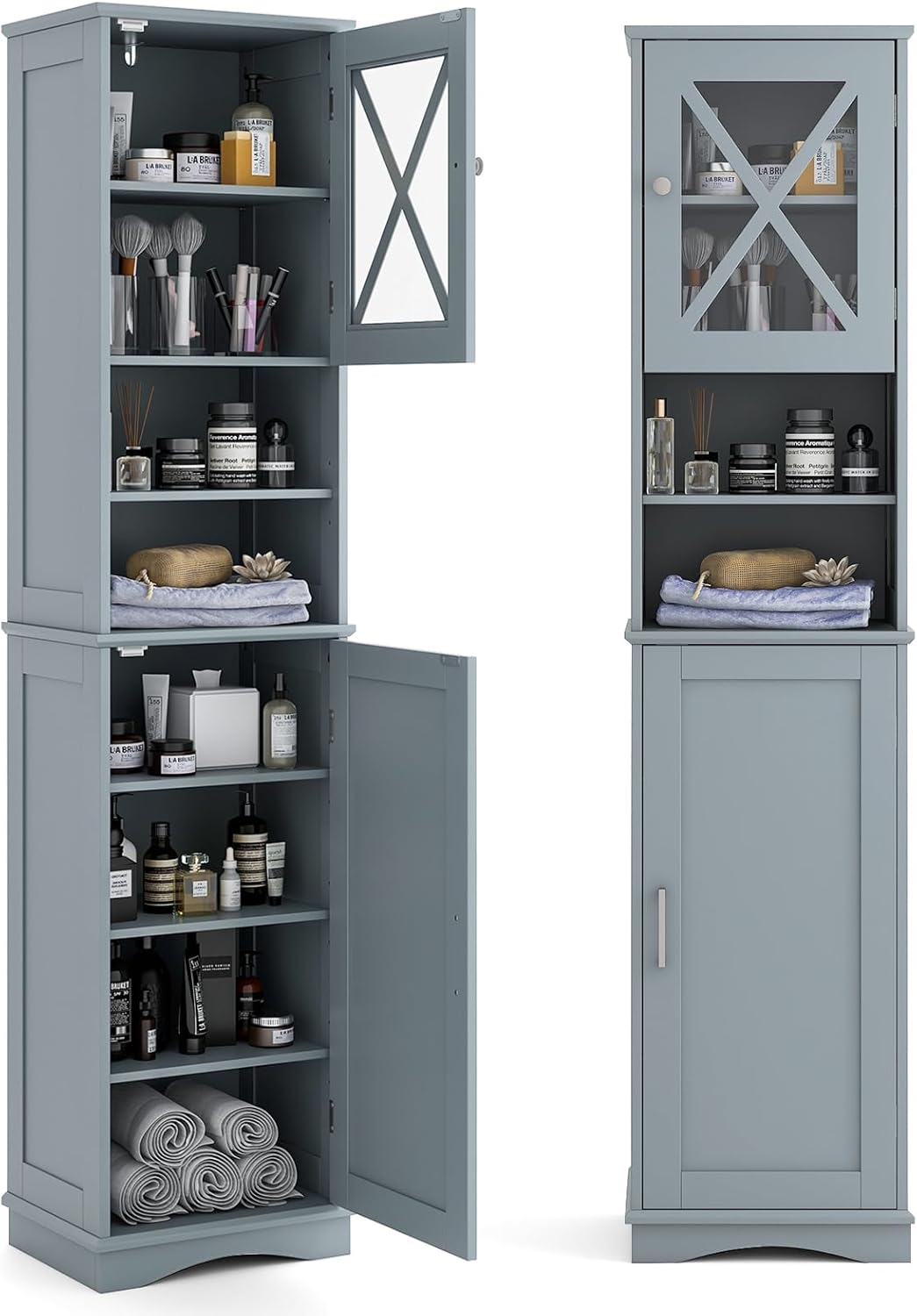 Mobile Bagno 40 x 30 x 170,5cm, Armadietto a Colonna Stretto e Alto con 5 Ripiani Regolabili e 2 Porte, Armadio da Terra in Legno per Soggiorno, Camera da Letto, Salotto e Cucina (Grigio)