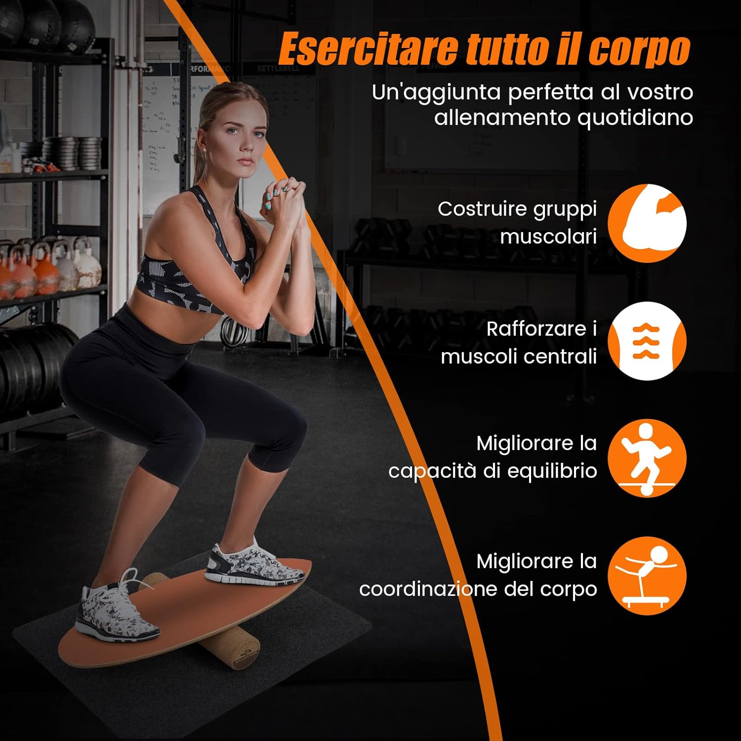 Balance Board in Legno, Tavola di Equilibrio con Rullo e Tappetino per Allenamento Skateboard Hockey Snowboard Surfing, Attrezzi 3 in 1 per Esercizi Equilibrio e Tonificazione Core (Arancione)