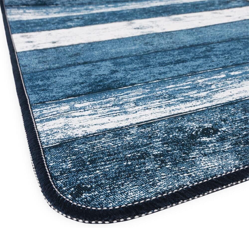 Tappeto Cucina 52x80 cm Bordato Tessitura Piatta Bagno Camera Corridoio Stile Legno Parquet Blu