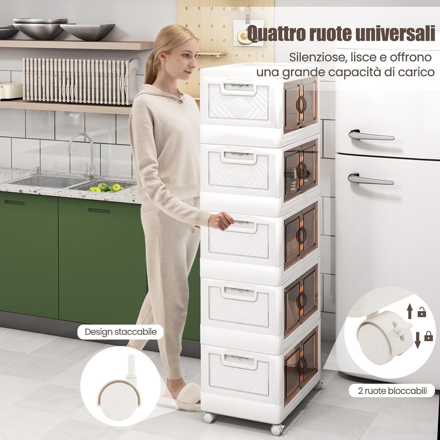 Scatola Portaoggetti, Contenitori in Plastica con Coperchio e 4 Ruote, Contenitore Pieghevole Impilabile per Soggiorno, Cucina e Camera da Letto (XL-Set di 5)