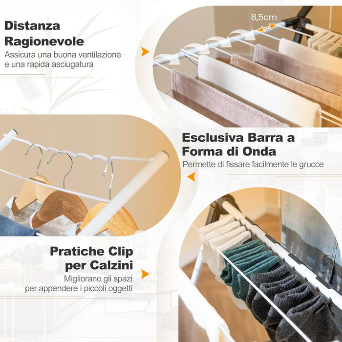 Stendibiancheria a 2 Livelli, Stendino Pieghevole con Ali Regolabili in Altezza, con Gancio Antivento, Stabile e Antiscivolo, per Interno ed Esterno, 145 x 58 x 95 cm