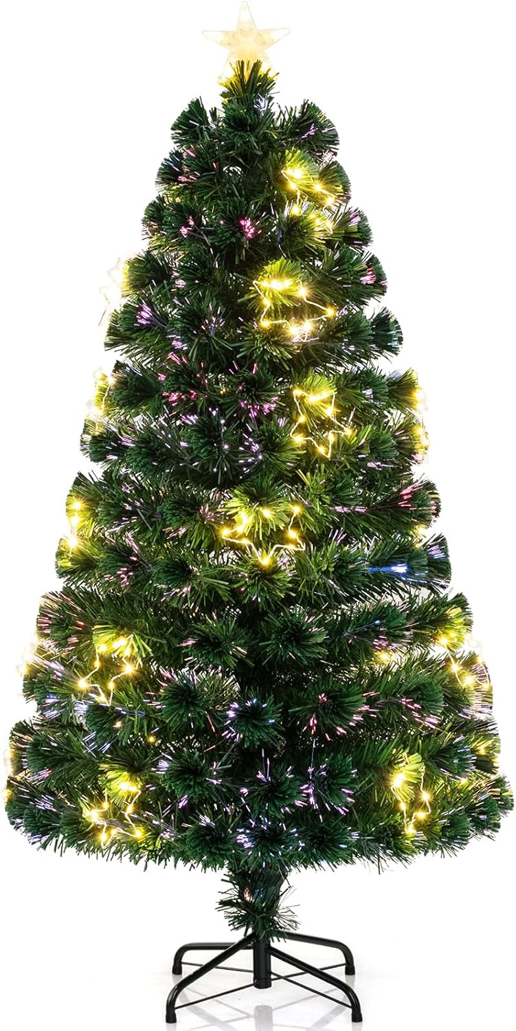 Albero di Natale in Fibra Ottica 150/180 cm, Albero di Natale Artificiale Pre-illuminato con 24/36 Luci a Stringa, Stella sulla Cima e 170/230 Punte dei Rami, Decorazione per Feste (150 CM)
