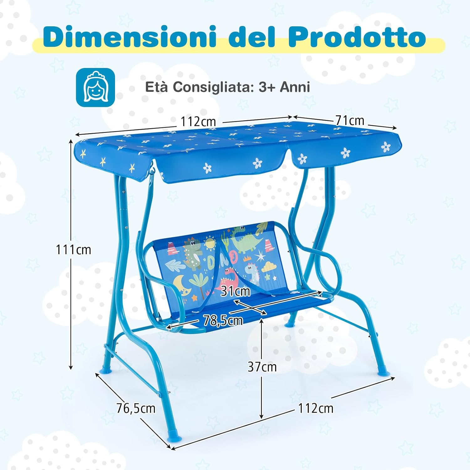 Altalena da Esterno per Bambini, Panchina a Dondolo a 2 Posti con Struttura in Metallo, Tetto Regolabile e Cinture di Sicurezza, per Bambini 3+Anni, Portata 80 kg (Blu)
