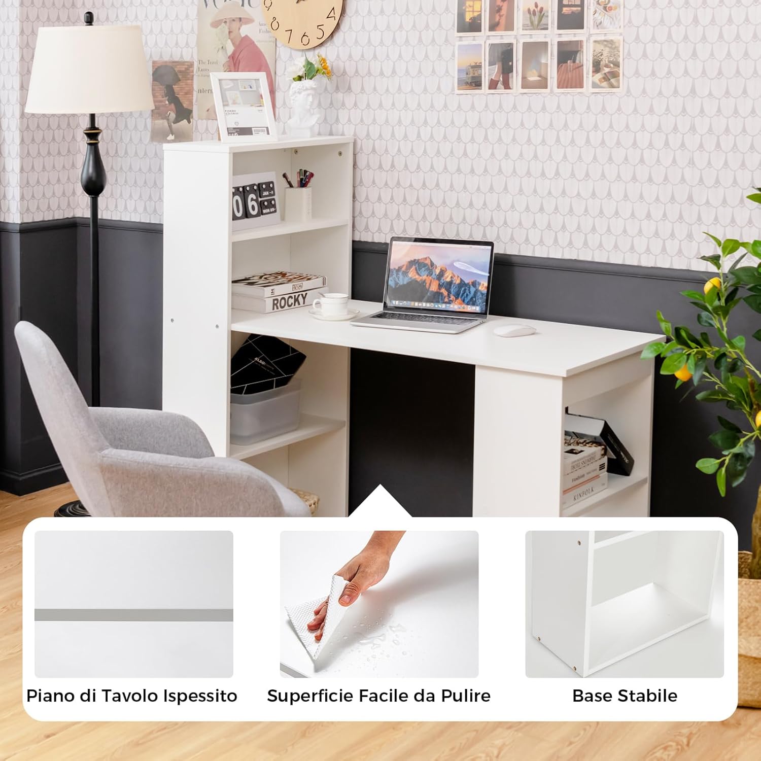 Scrivania per Computer con Libreria, Scrivania Moderna Porta PC con 6 Ripiani, Mobile Scrivania con Ripiani Regolabile Ampia Base per Casa, Ufficio, Naturale/Bianco (bianco)
