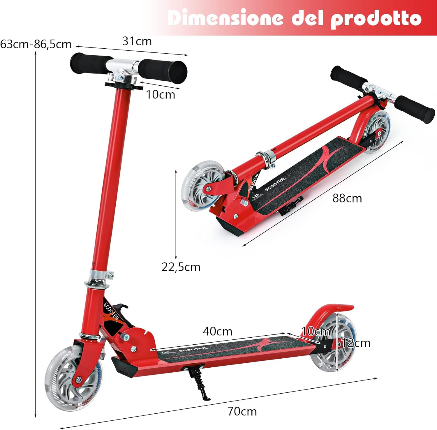 Monopattino Bambini, Monopattini a Spinta Pieghevole e Regolabile in 3 Altezze, con 2 Ruote Lampeggianti, Freno e Cavalletto, Portata 70 kg