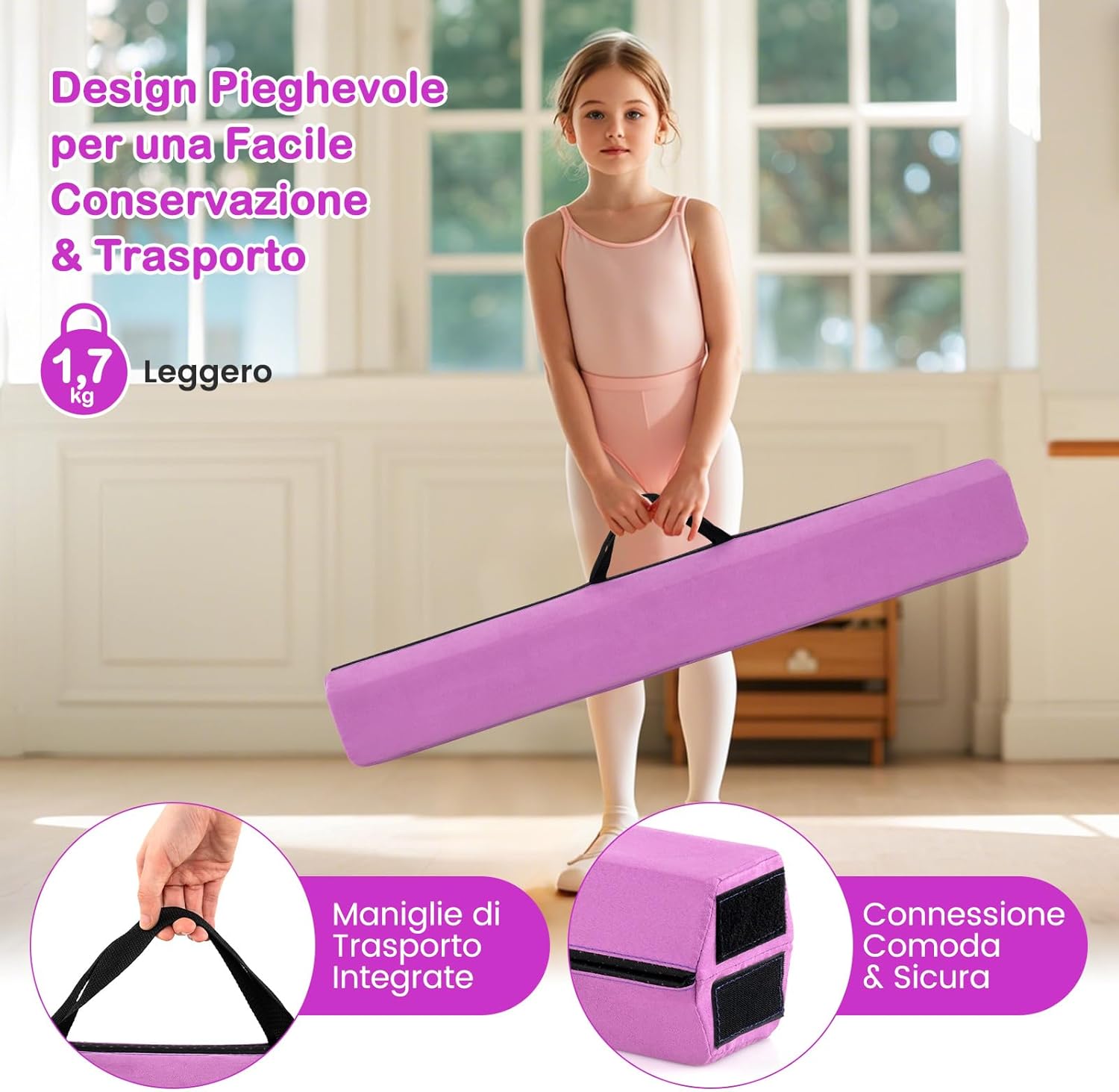Trave Ginnastica Artistica per Bambini 210 cm, Trave di Equilibrio Pieghevole e Portatile per Casa con Manici, Copertura in Suede Rimovibile e Fondo Antiscivolo