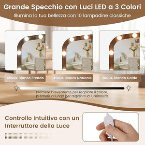 Toeletta da Trucco con 10 Luci, Set Tavolo e Sgabello da Trucco con Stazione di Ricarica, 3 Colori di Luce, 3 Cassetti, 2 Armadietti, Consolle Toeletta per Soggiorno Camera da Letto (Caffè)