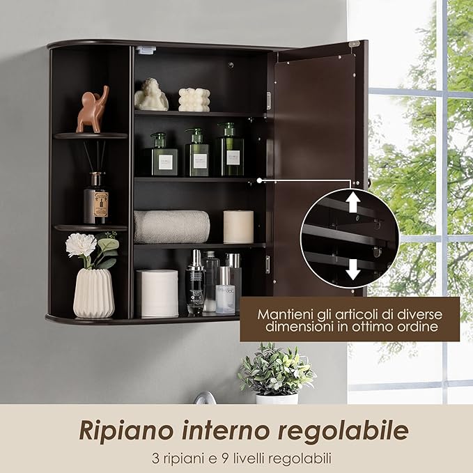 Armadietto del Bagno con Specchio, Armadietto di Legno Appeso con Mensole Regolabili, Armadietto dei Medicinali Multiuso per Bagno Salone Cucina (Marronre)