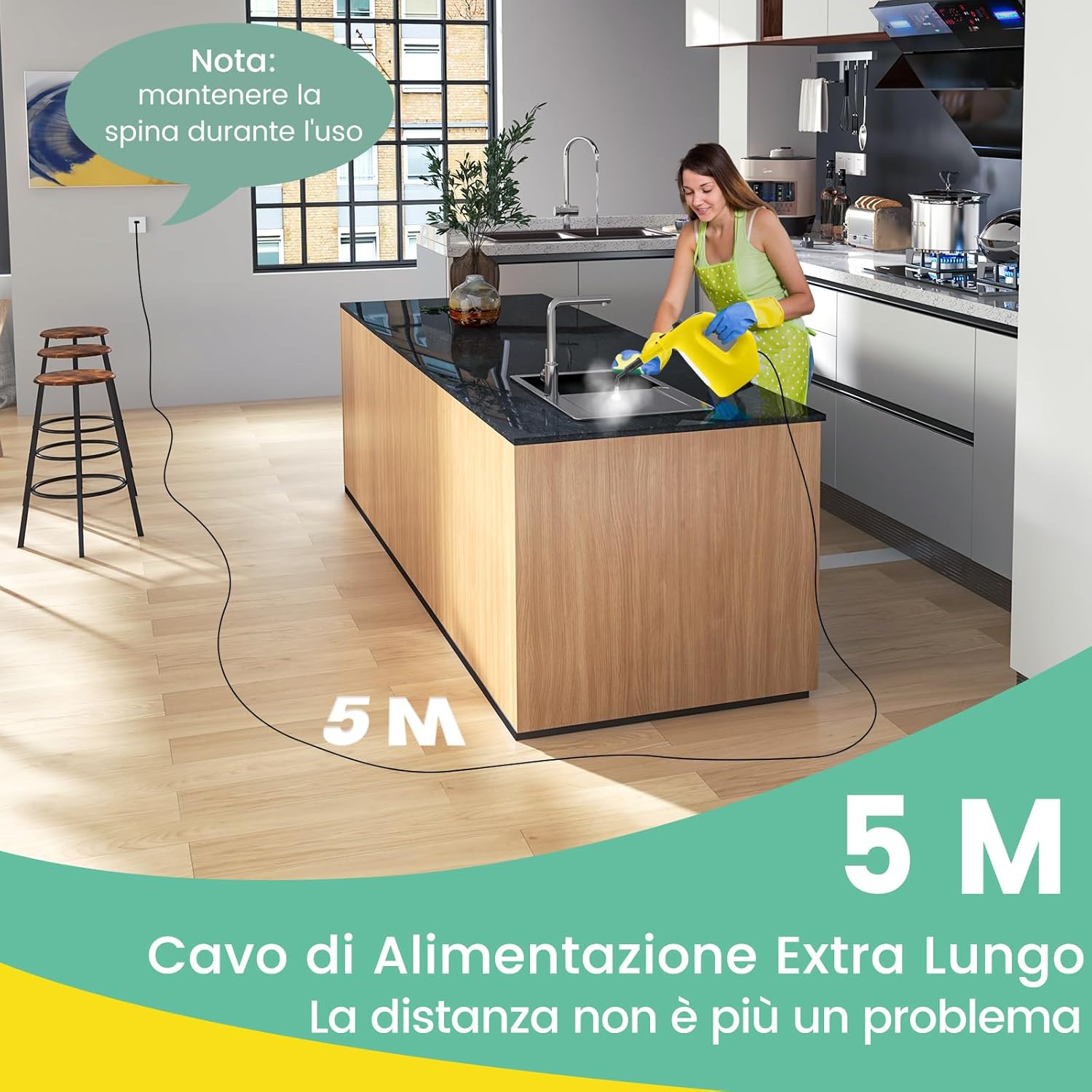 1500W Pulitore a Vapore Portatile, Macchina a Vapore con Serbatoio d'Acqua da 400 ml Blocco per Bambini e Kit di Accessori da 14 Pezzi, 33x13x24,5 cm (Giallo)