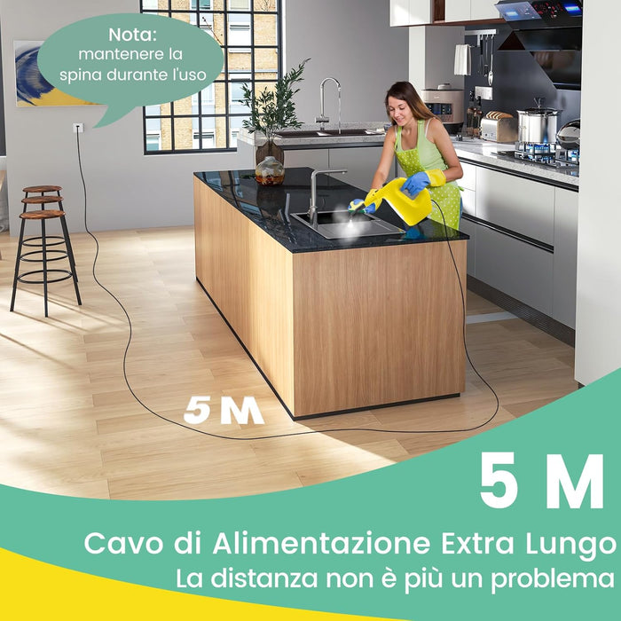 1500W Pulitore a Vapore Portatile, Macchina a Vapore con Serbatoio d'Acqua da 400 ml Blocco per Bambini e Kit di Accessori da 14 Pezzi, 33x13x24,5 cm (Giallo)