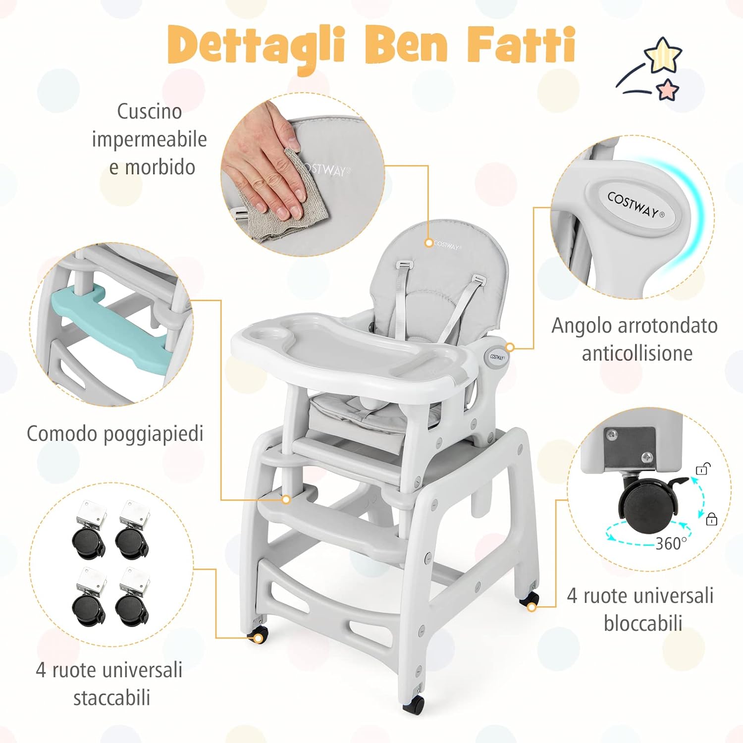 Seggiolone Pappa per Bambini 3 in 1, Seggiolone per Neonati con Vassoio Rimovibile, Cuscino, Schienale Regolabile e Cintura di Sicurezza a 5 Punti, 6-36 Mesi, Capacità 20 kg (Grigio)