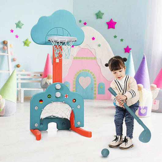 Basket per Bambini Centro Attività Multifunzione - Palla Canestro, Calcio e Golf, Mazza da Golf e Palle incluese, per Bambini, Altezza Regolabile (Nuvola Verde)