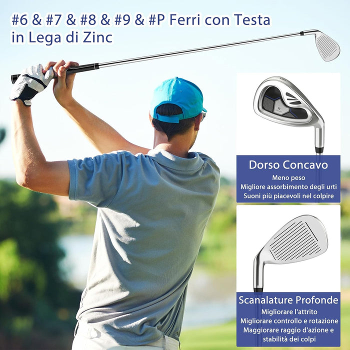 Set Completo di Mazze da Golf da Uomo, 9 Pezzi, Include Driver in Lega, Legno Fairway 3, Ibrido 4, Ferri 6, 7, 8, 9 e P, Putter e Copri Testa per Golfisti Destrimani