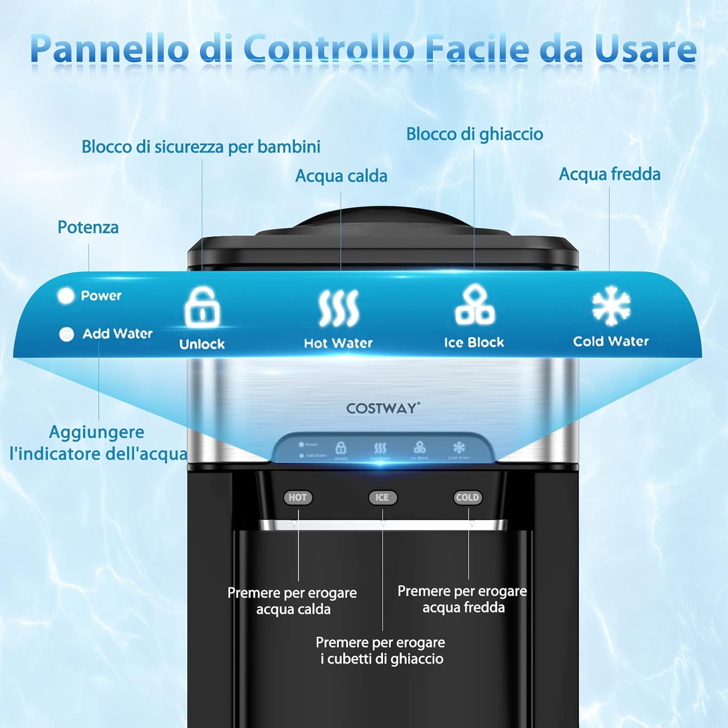 Erogatore Acqua 3 in 1, con Macchina del Ghiaccio, Dispender Acqua con 3 Impostazioni di Temperatura Caldo/Freddo/Ghiaccio, Regge Bottiglie 10-20 L, per Casa Ufficio Dormitorio