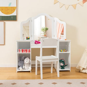 Toeletta Trucco 2 in 1 per Bambina, Specchiera Staccabile per Ragazza in Legno Robusto con 4 Scomparti, Sgabello e Specchio, Postazione Trucco per 3 Anni, 104 x 40 x 117 cm(Bianco)