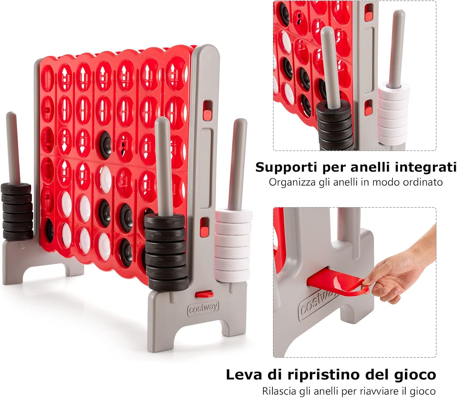 Forza 4 Gigante da 104 cm per Bambini e Adulti, Set Forza 4 per Interni ed Esterni con 42 Anelli Giganti e Dispositivo di Scorrimento a Sgancio Rapido, Perfetto per Feste e Vacanze, Rosso