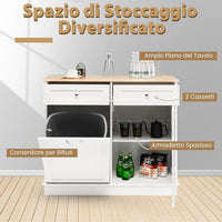 Credenza Cucina con 42L Pattumiera, Mobile per Pattumiera Ribaltabile con Piano in Legno di Gomma 2 Cassetti e Ripiano Regolabile, 100x35,5x90 cm (Bianco)