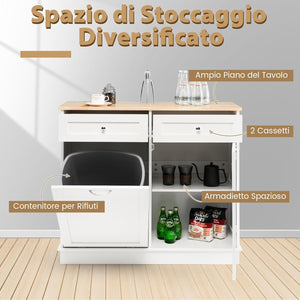 Credenza Cucina con 42L Pattumiera, Mobile per Pattumiera Ribaltabile con Piano in Legno di Gomma 2 Cassetti e Ripiano Regolabile, 100x35,5x90 cm (Bianco)