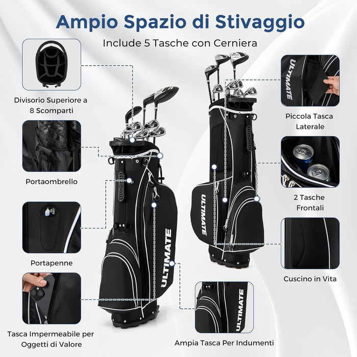 Set Completo di Mazze da Golf per Mancini da Uomo, Borsa Portatile con Supporto e Cappuccio Antipioggia, Include Driver 1 da 460CC, Fairway 3, Ibrido 4, Ferri 6, 7, 8, 9, P e Putter (Nero)