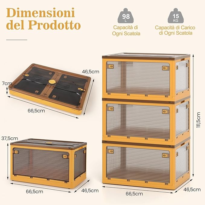 98Lx3 Contenitori Pieghevoli con Coperchi, Set di 3 Scatole Sovrapponibili con Ruote e 5 Porte, Contenitori di Plastica per Casa, Ufficio e Campeggio, 66,5x46,5x111,5 cm (Giallo)