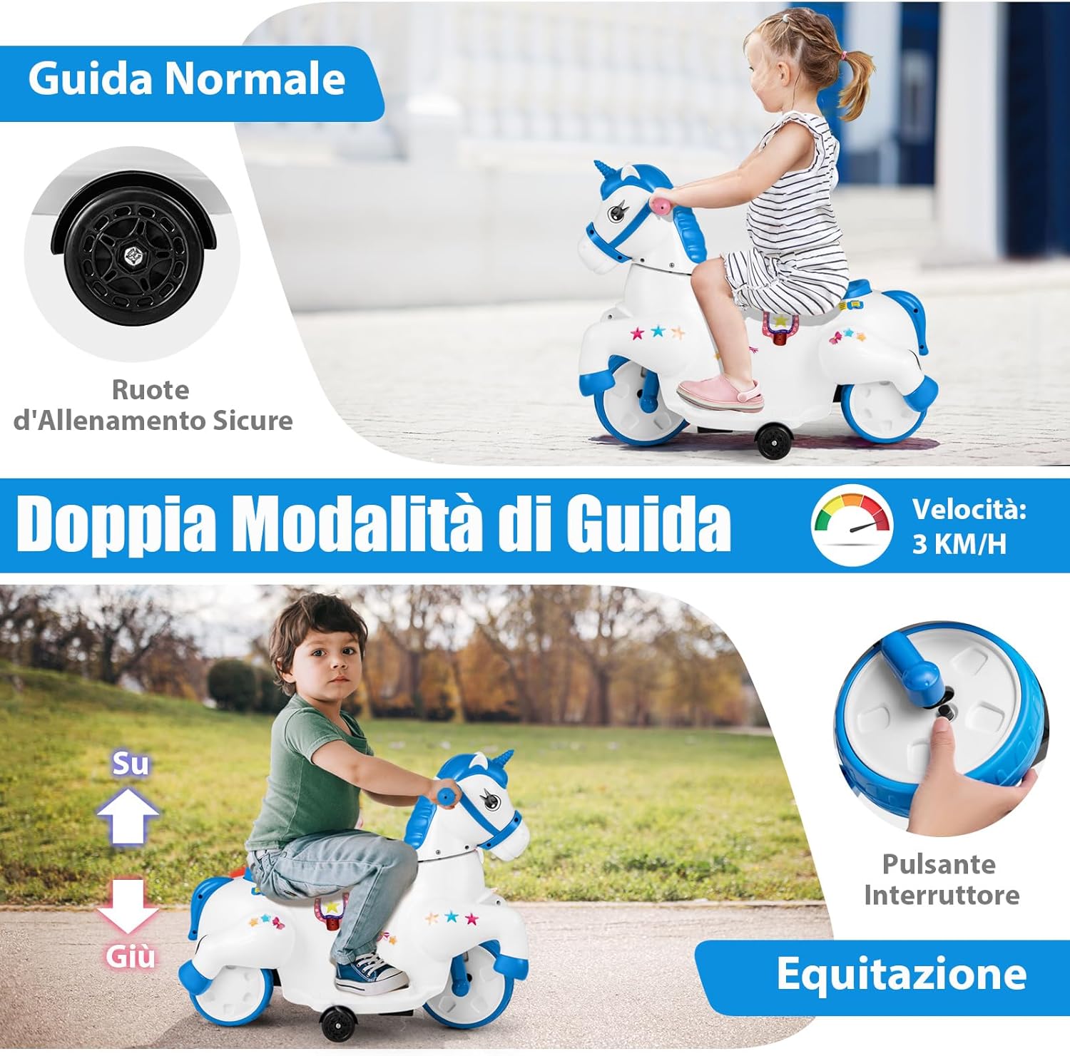 12V Giocattolo Unicorn a Cavallo, Macchina Cavalcabile con Ruote di Addestramento Modalità di Equitazione, Musica Panello LED, Cavallo a Motore per Bambini 3 Anni+ (Blu)