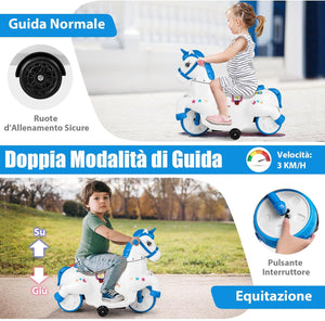 12V Giocattolo Unicorn a Cavallo, Macchina Cavalcabile con Ruote di Addestramento Modalità di Equitazione, Musica Panello LED, Cavallo a Motore per Bambini 3 Anni+ (Blu)